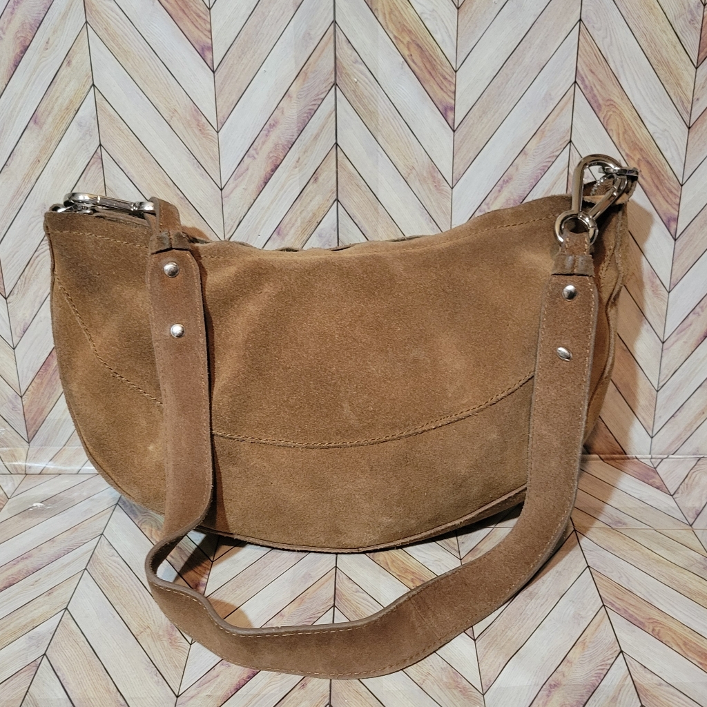 Mango Cognac Suede Hobo Half-Moon Or Crescent Shoulder Bag.